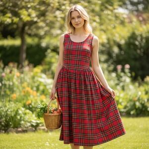 VTG Storybook Heirlooms Sz M Red Plaid‎ Tartan Maxi Dress Sleeveless Pockets